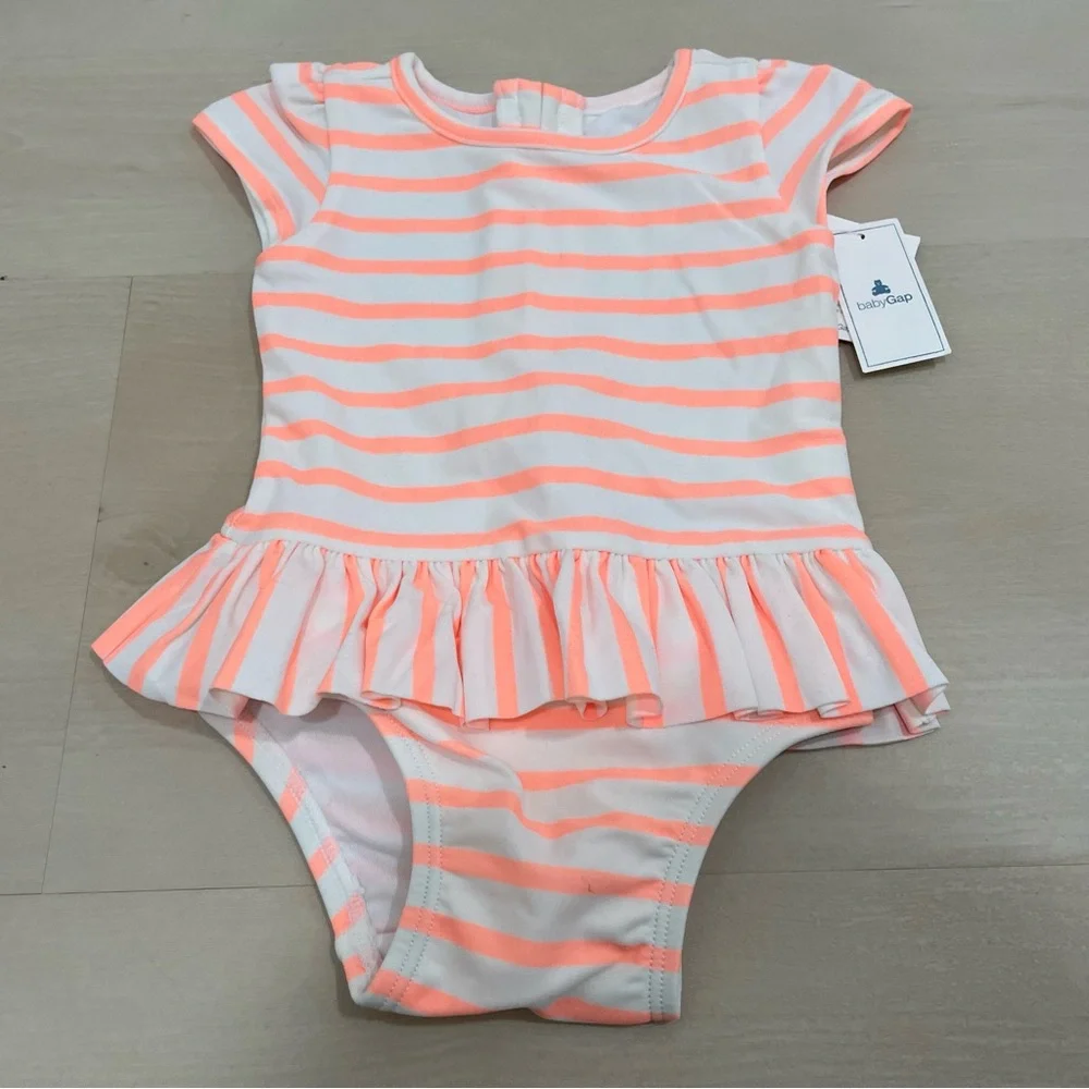 NWT Baby Gap Girl's 0-6 Month Stripe Peplum Swim Suit 0ne Piece Ruffle Orange